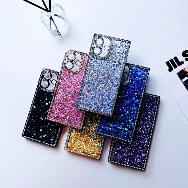 闪粉水钻方形奢华苹果手机壳适用苹果16/15pro网红14镜头膜13小众