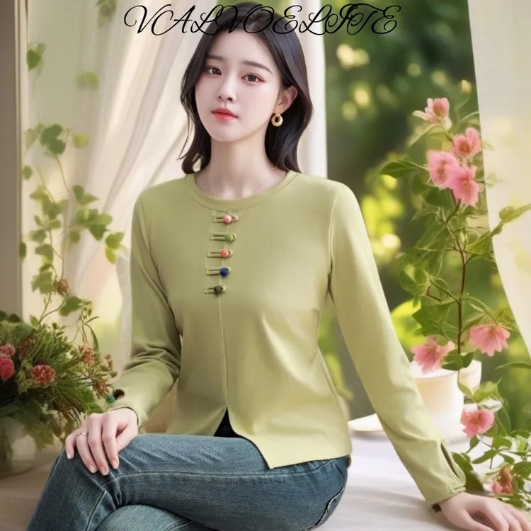 轻奢氛围2025秋季新款女长袖圆领盘扣开衩正肩T恤时尚休闲小众