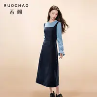 三彩大码女装2025冬季新款显瘦假两件背带式连衣裙喇叭袖出游长裙