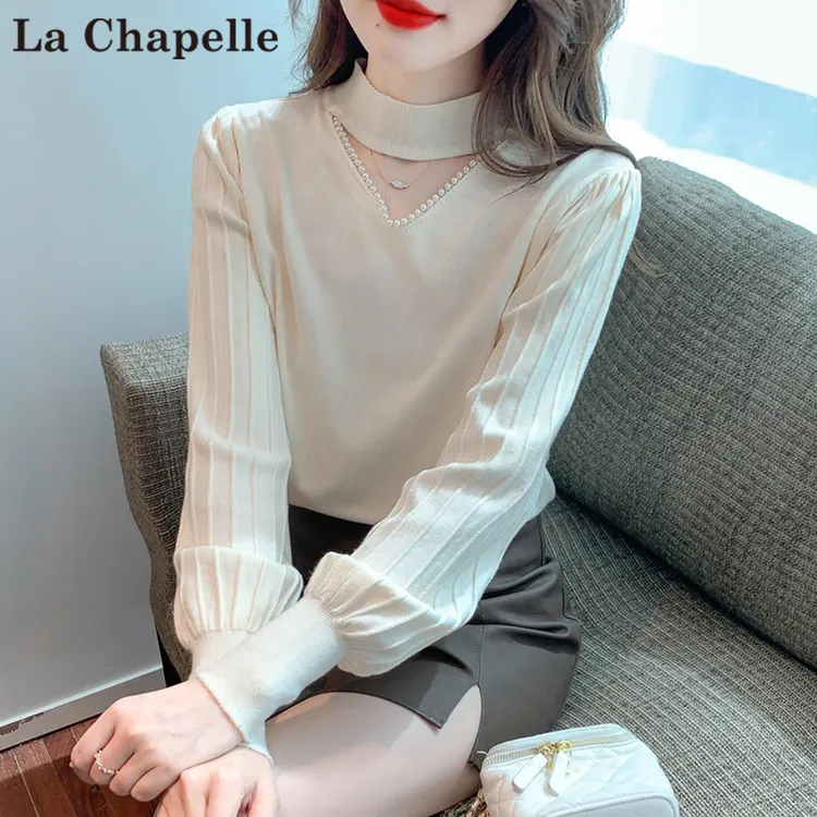 拉夏贝尔气质珍珠镂空针织衫女秋冬新款修身百搭套头打底长袖毛衣