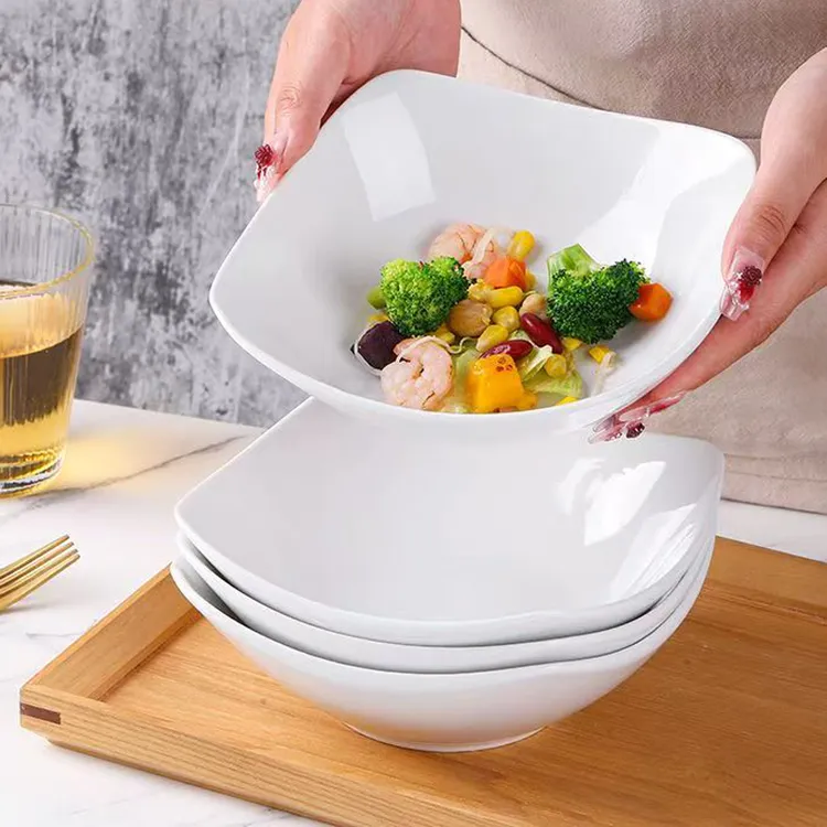 8英寸四角碗沙拉碗翘脚碗纯白创意家用盘子陶瓷碗酒店釉下彩菜碟