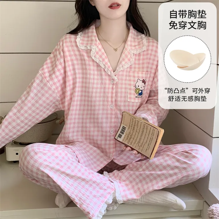 带胸垫睡衣女款爆款2025新款春秋季长袖长裤大码可外穿家居服套装