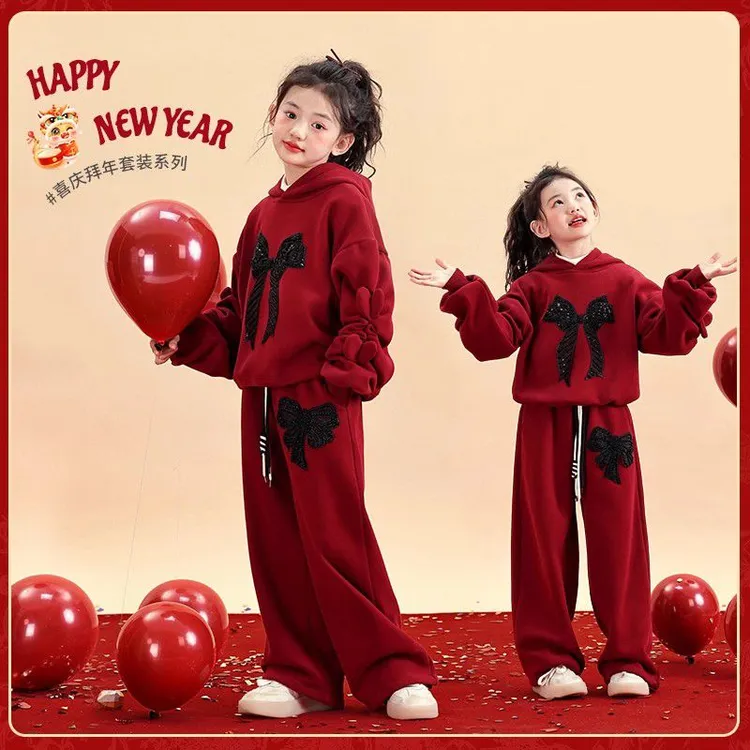 套装卫衣女童加绒中国风喜庆童装洋气中大童国潮红色蝴蝶结
