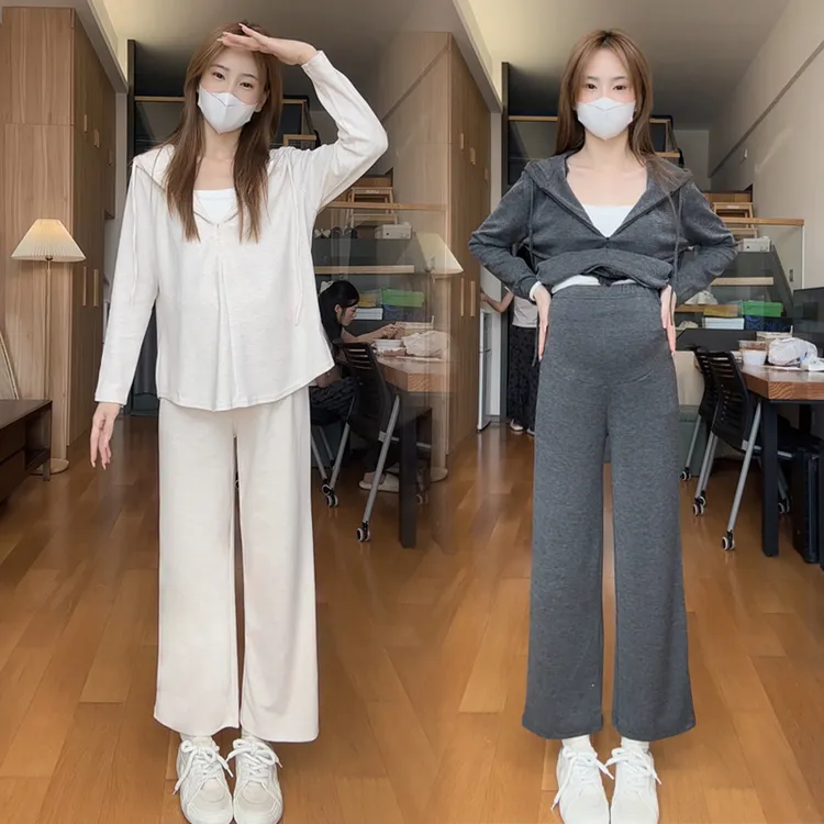 【160以下版本】2026早秋季外穿套装洋气孕妇半拉链连帽上衣+休闲裤