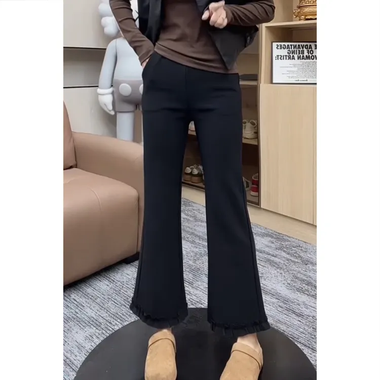 艾塔莉秋季新款女休闲裤时尚花边喇叭裤黑色显瘦百搭九分裤小个子