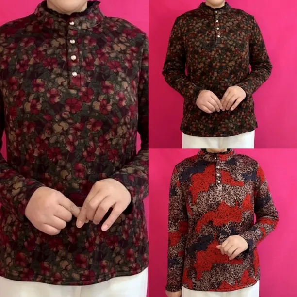 秋冬新款加绒碎花半高领中老年妈妈打底衫百搭上衣