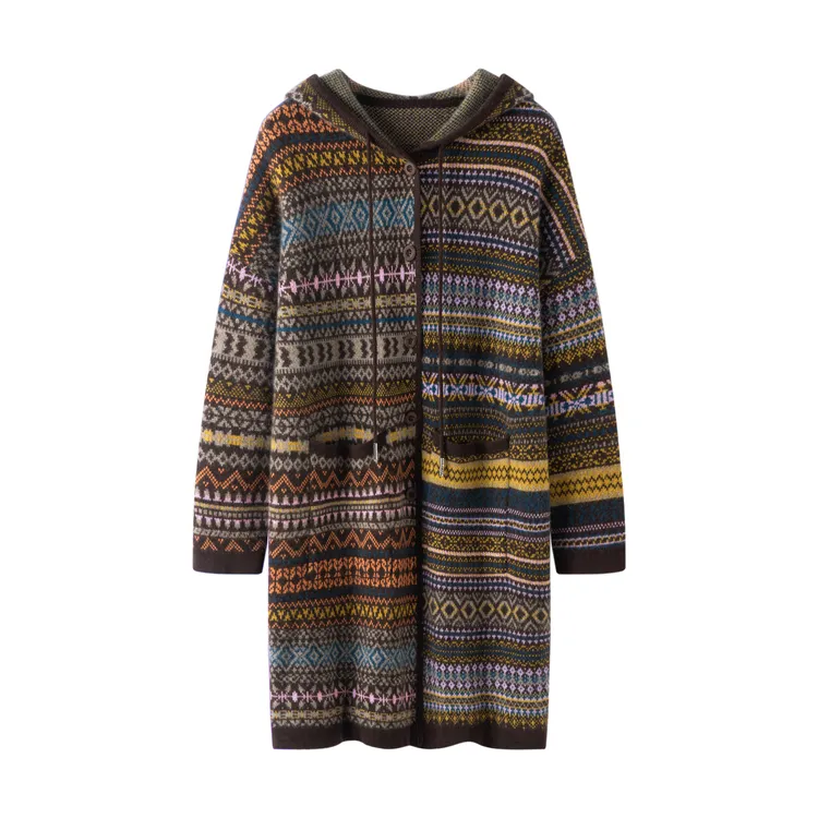 100山羊绒连帽羊绒衫加厚秋冬中长款针织羊绒开衫外套小个子可穿