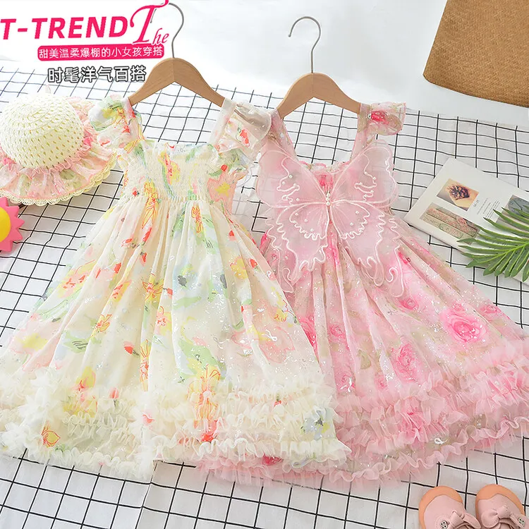 新款女童生日礼服夏季洋气公主裙碎花吊带连衣裙中小童