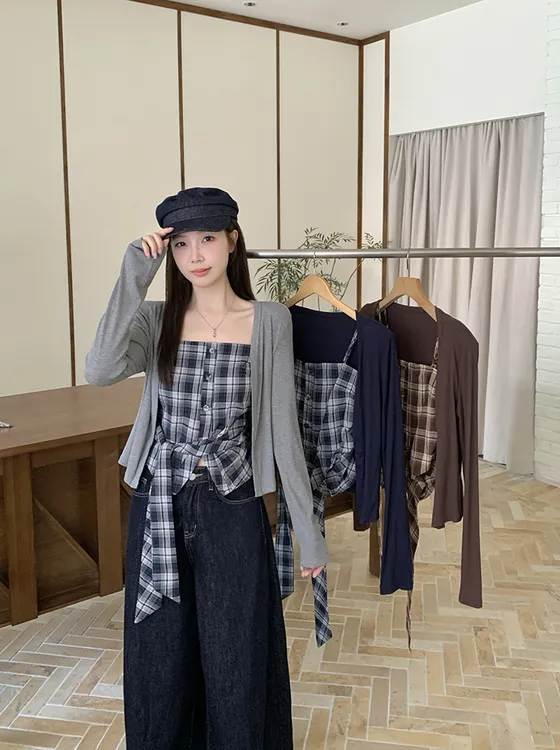 2025秋装新款新款胖mm大码女甜辣格子吊带开衫上衣两件套36095