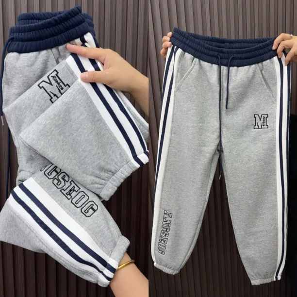 9933秋冬加绒加厚条纹简约束脚休闲运动裤直筒哈伦高腰宽松拼接腰