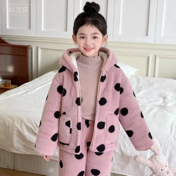 2025爆款冬季女童三层加绒加厚睡衣女孩大童3-16岁保暖家居服套装