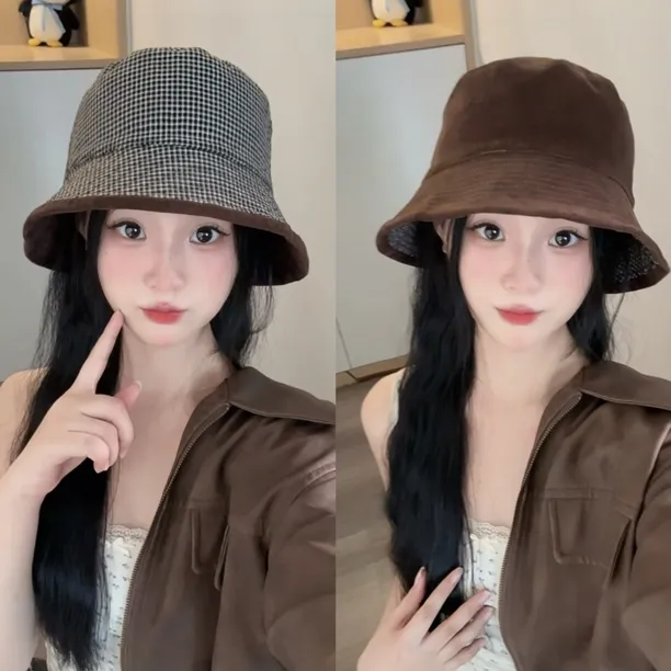双面可戴！秋季新款复古格子渔夫帽遮阳显脸小时尚百搭美拉德盆帽