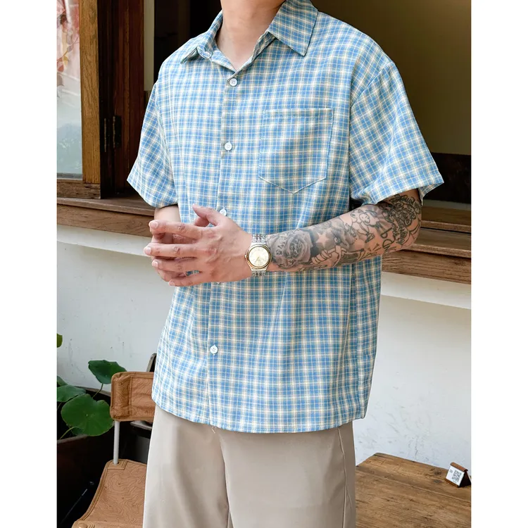 美式复古高级感痞帅格子情侣短袖衬衫男夏季休闲宽松格纹衬衣外套