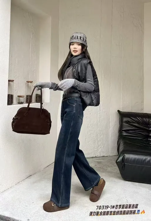 怀旧蓝加绒加厚高腰窄版直筒阔腿牛仔裤女显瘦2025冬季新款直筒裤