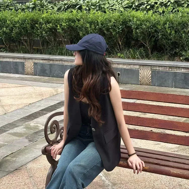 韩版宽松休闲马夹一粒扣马甲女士中长款时尚气质无袖马甲