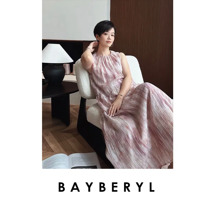 BAYBERYL老贝花漾*晕染粉圆领气质时尚夏无袖连衣裙DR5D2921-5/2