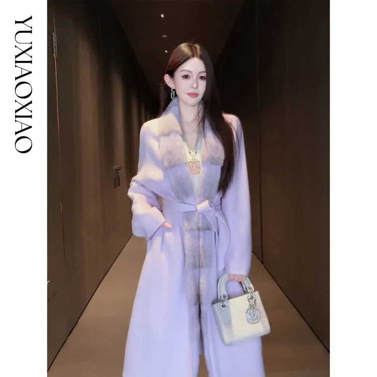 余潇潇【一梦巴黎】山羊绒绵羊毛马海毛混纺拼接十字水貂毛大衣