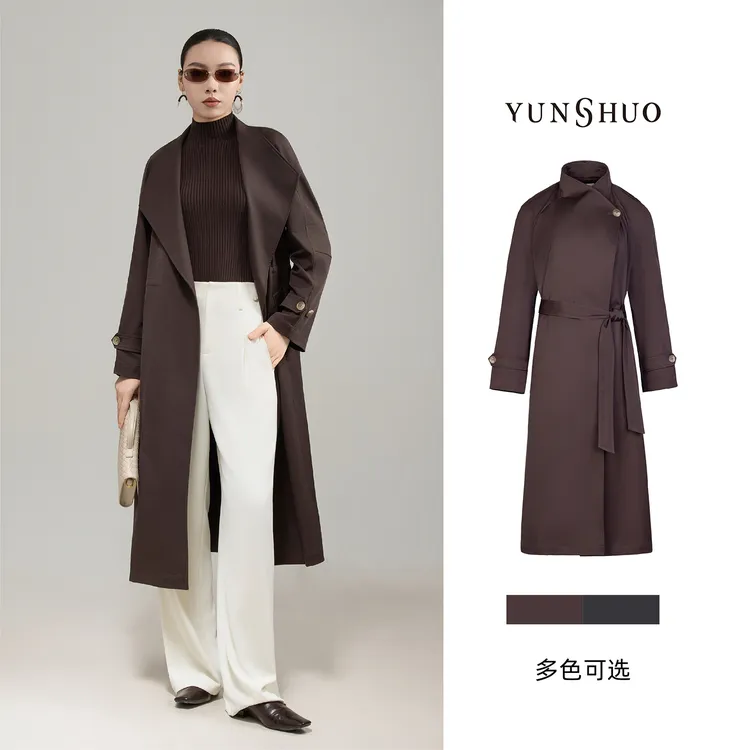 允硕新品琥珀高智风气质长款翻领百搭纯色女装简约风衣外套469124