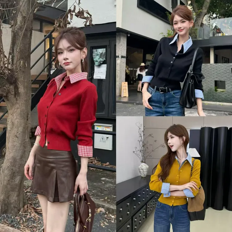 【矜蓝织构】条纹拼接外搭修身假两件打底开衫上衣