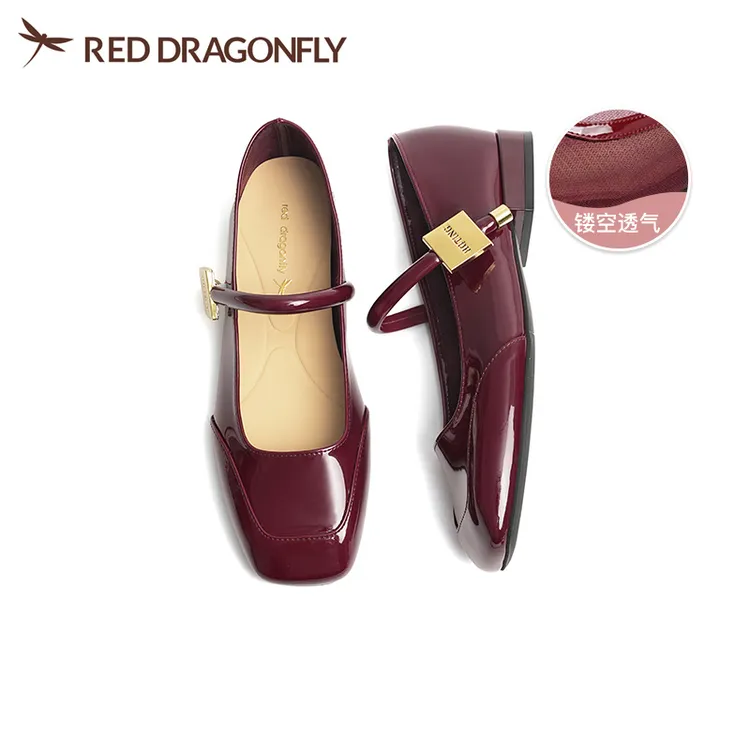 红蜻蜓红色玛丽珍单鞋女婚鞋舒适配裙子的鞋子绝美平底女鞋小皮鞋