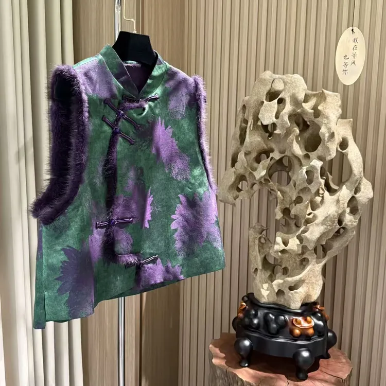 新中式国风提花水貂毛马甲上衣