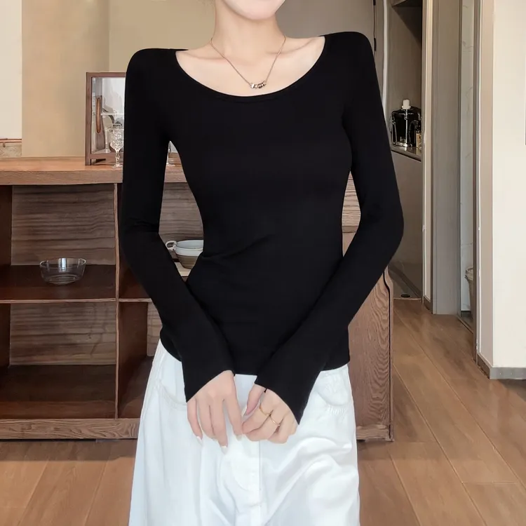 黑色螺纹圆领长袖t恤女春秋冬2025新款修身打底衫内搭u领显瘦上衣