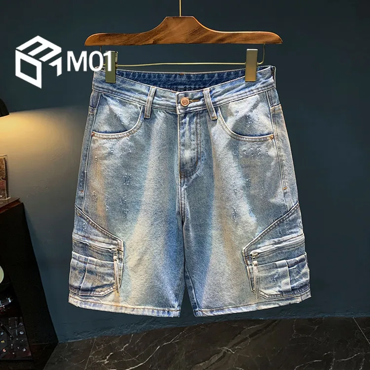 M01复古水洗牛仔短裤男夏季新款潮流做旧美式休闲中裤浅色五分裤