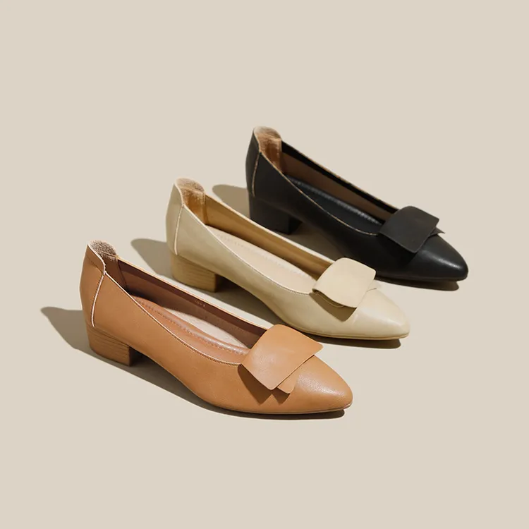 尖头百搭春秋真皮单鞋粗跟中跟妈妈女鞋奶奶鞋优雅百搭浅口显脚瘦