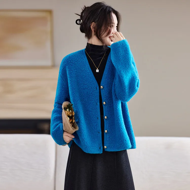 时尚宽松外套纯羊毛法式慵懒感克莱因蓝色v领毛衣外套女秋冬软糯小香风针织衫