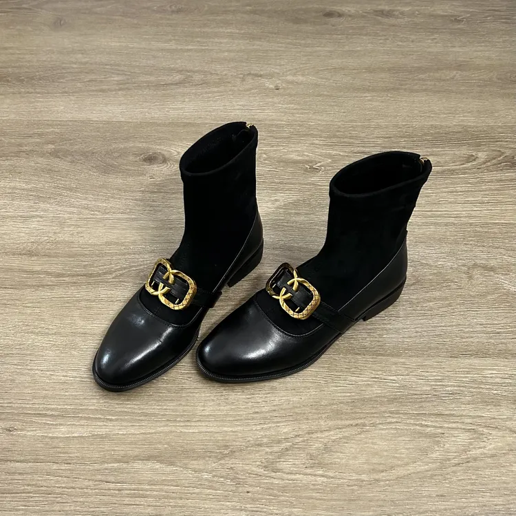 Dannyfrey复古美拉德风金属扣短靴百搭皮带扣前拉链袜筒时装靴