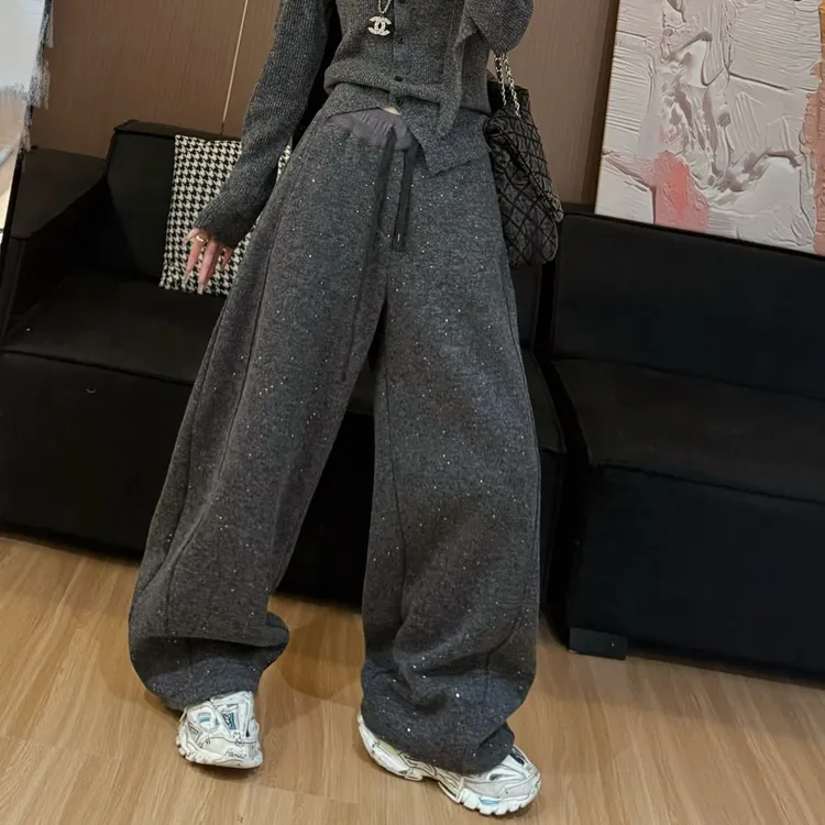 细闪加绒阔腿裤女冬季宽松显瘦抽绳高腰加厚慵懒设计休闲直筒长裤