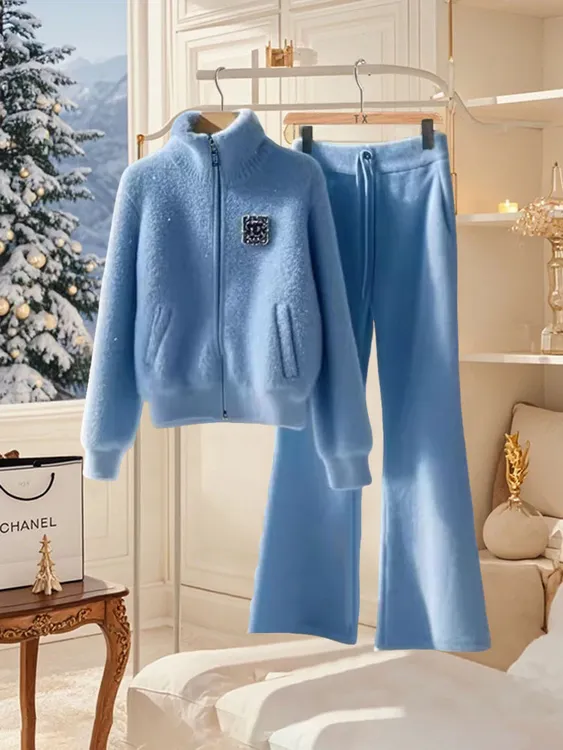 一整套秋冬季温柔系高级感穿搭小香风蓝色毛衣针织裤子休闲套装女