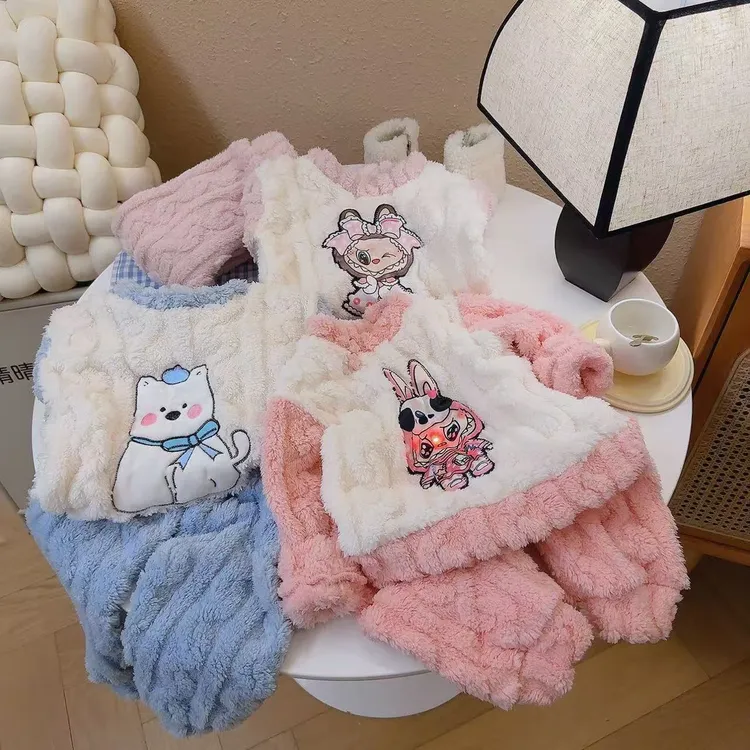 【多巴胺风】男女童可爱卡通加绒加厚家居服睡衣套装