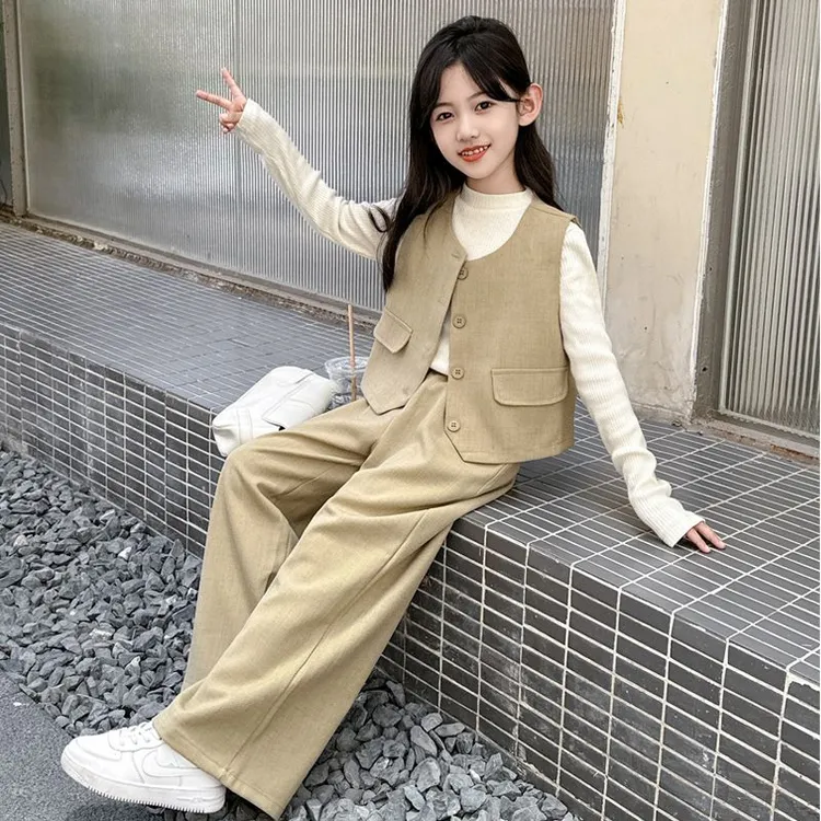女童秋装2025新款套装儿童时髦洋气女孩大童春秋款西装马甲三件套