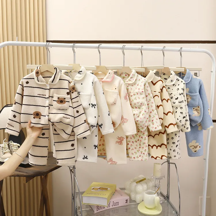 儿童睡衣套装加绒超厚男童法兰绒女童保暖家居服开衫套装宝宝童装