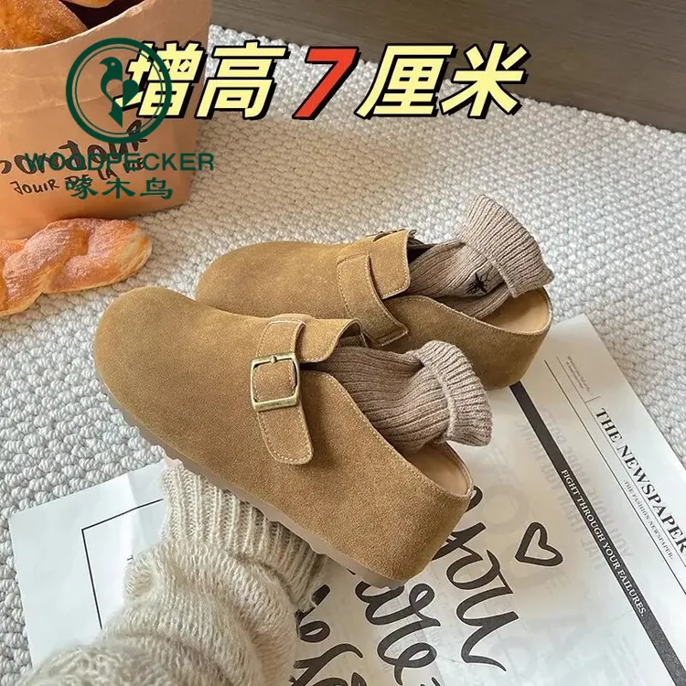 啄木鸟小个子内增高7cm复古勃肯鞋女春秋新款复古坡跟厚底半拖鞋