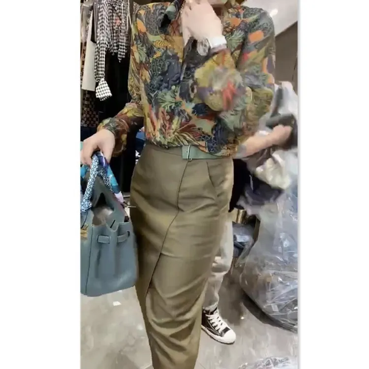 新翻领长袖花衬衫高腰开叉半身裙时尚女装