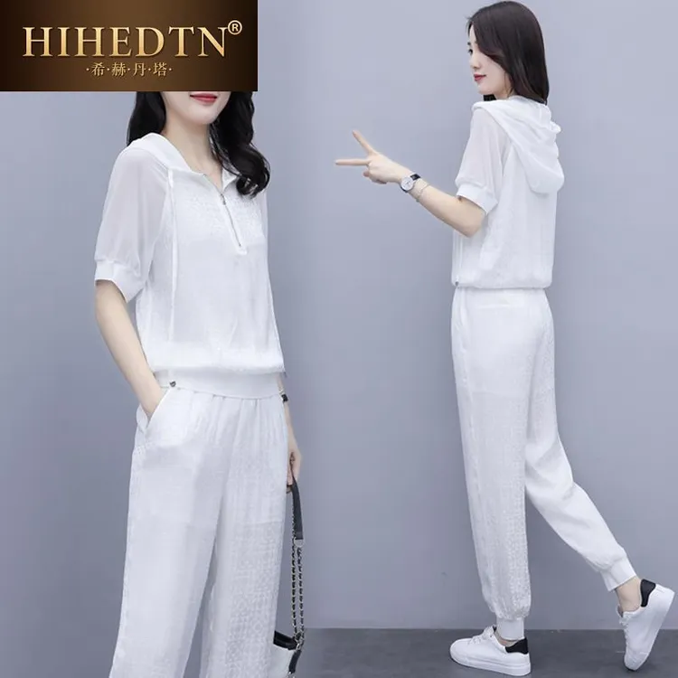 希赫丹塔冰丝休闲运动套装女夏季新款时尚洋气减龄高端品牌两件套