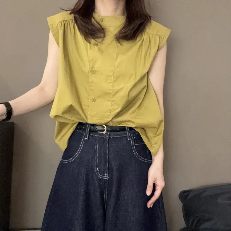 韩版宽松休闲百褶设计感小飞袖衬衫夏季气质小衬衫上衣-24255