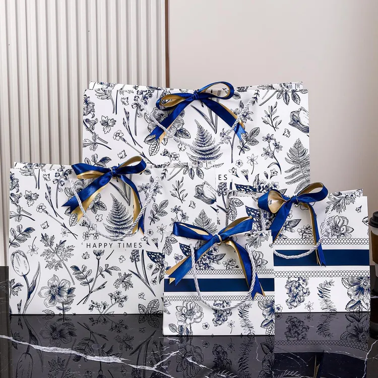 W现货轻奢礼品袋花色纸包装袋配丝带节日送礼礼物袋服装手提袋