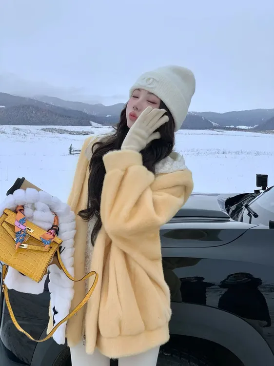 人造皮草 【蜜桃乳酪】蕾丝连帽假两件环保皮草外套DYYY-250851141