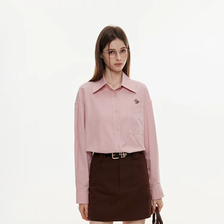 BZXO简约刺绣粉色衬衫女长袖春秋2025新款高级感宽松休闲衬衣外套