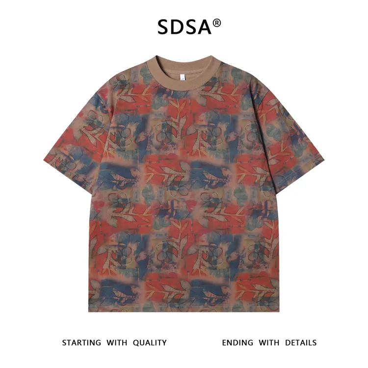 夏季高级感新款男士多彩树叶图案圆领短袖T恤百搭时尚重磅上衣