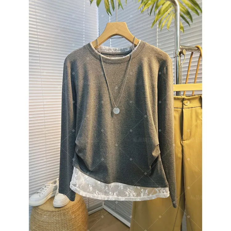 SPW私品味   2025秋季新款设计感蕾丝拼接长袖T恤女  L82911