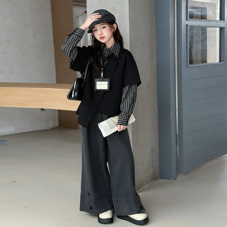 女童套装秋装2025新款儿童时尚不规则假两件衬衣小女孩牛仔阔腿裤