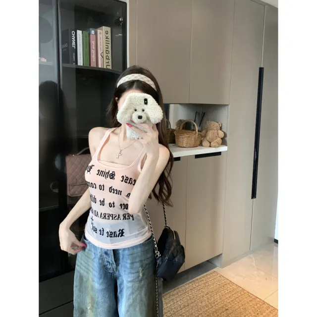 美式字母网纱无袖背心2025夏季新款辣妹风时尚设计感吊带上衣女潮