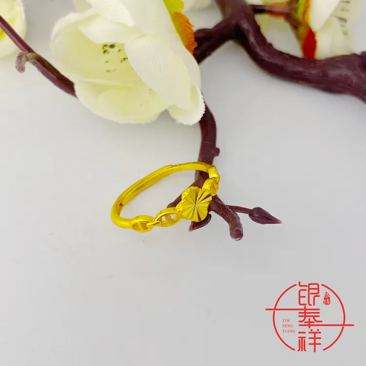 银奉祥 足银戒指  990 四叶草幸运草戒指可调节活口时尚简约小众
