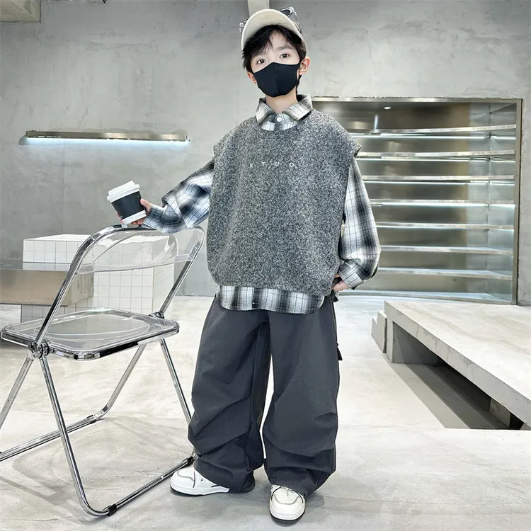 男童秋装套装2025新款中大童秋季宽松儿童春秋韩版洋气马甲三件套