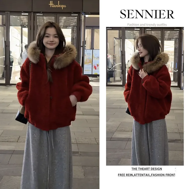 过年穿搭一整套2026早春新款韩版洋气宽松连帽外套休闲裤两件套装