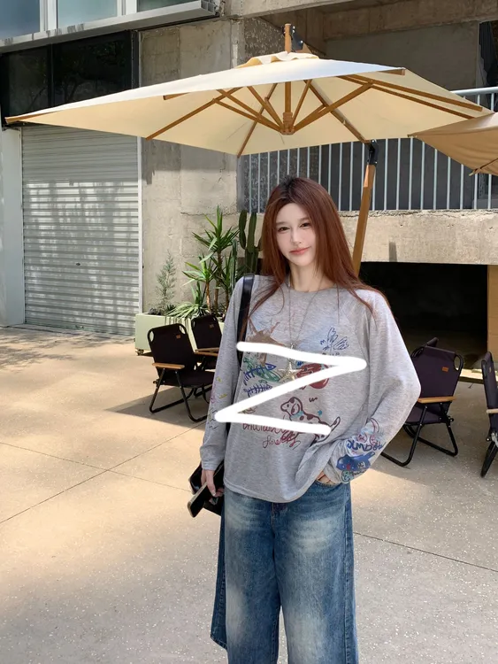 美式复古涂鸦印花T恤长袖防晒罩衫女夏季设计感慵懒风宽松上衣潮